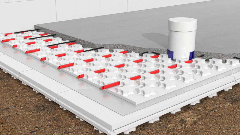 Heat-Sheet Heavy made with graphite polystyrene, placed "nodules-down" and used in an insulated under-slab radon mitigation insulation layer application.